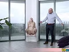 just a tiny blonde cutie with small tits riding a big cock like a pro. she’s bent over and loving it!