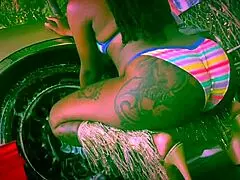 Ebony stripper rips clothes at car wash in Dallas.