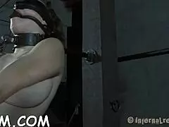 Sweetheart bends over for naughty bondage play. She gets hardcore doggystyle pussy prodding from her partner.