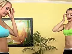 Yoga session explodes into wild blonde fingering and face sitting madness. Get ready for intense muff diving!