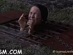 Rough hardcore couple fucking with bondage and naked slut