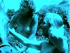 In vintage outdoor taboo scene, natural tits woman bends over for doggystyle with hairy pussy