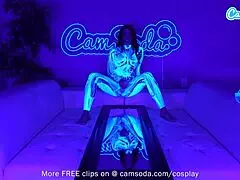 Sexy teen in cosplay costume masturbates in front of mirror and sucks huge cock.