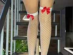 hot milf fucks herself on the stairs and cums like a whore