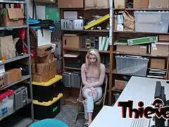 Petite blonde teen caught in shop office