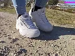 Wow! Sexy Girl in Fila Disruptors Plays with Sweaty Nylon Feet