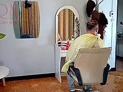 Nudist Barbershop Nude Lady Hairdresser In An Apron Security Camera The Client Is Surprised 3