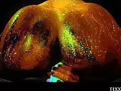 Translucid goddess uses dildo for solo fingering and body painting fantasy.