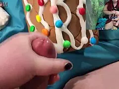 chubby christmas tranny builds a gingerbread house, cums all over it, and eats it in pov