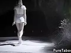 Young 18+ babe with small tits deepthroats in kinky threesome with blowjob and trimmed pussy