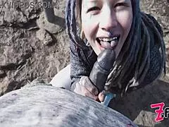 Tattoo goth couple caught in wild public sex on ruin with pov blowjob and split tongue