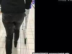 wife in latex mask and boots shopping publicly