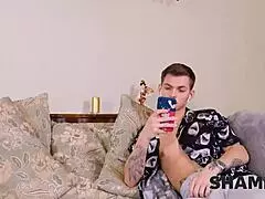 Young guy bends over redhead maid cougar for old and young doggystyle on couch