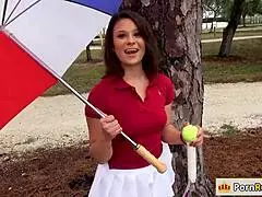 Hey, see this pretty tennis teacher banging for cash in public?