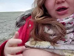 Chubby girlfriend with big boobs gives facial cum drooling outdoor blowjob