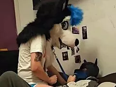 Heyy, femboy husky fursuiter cums riding boyfriend so hard