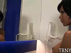 Ladyboy with big tits sucking and assfucking girl in hardcore massage