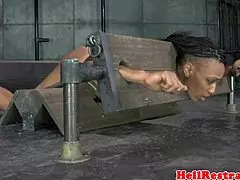 Bound black sub in yoke toyed as punishment by master