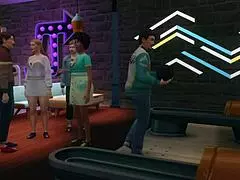 gangbang at the bowling alley with closeup blowjobs and cunnilingus