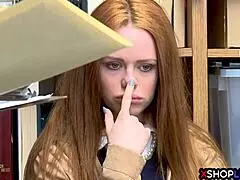 Redhead busty teen refuses to cooperate, gets blowjob with monster cock at office.