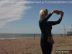 Beautiful blonde teen 18+ sucks big black dick on beach