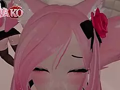 Vtuber cat girl teases with a blowjob while her skirt rides up. Cum in mouth seals the deal.