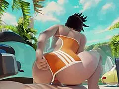 Overwatch Tracer je vozi kurca v kavbojki na javni plaži za creampie