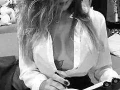 The hot secretary with big tits and ass is waiting for your instructions. She's ready for a blowjob and more