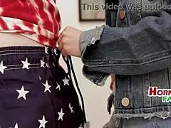 Stepsisters pose in matching bikinis for patriotic photo shoot.