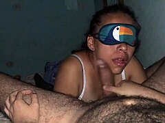 Blindfolded Cock Sucking Slut with Big Natural Tits in Sloppy Deepthroat Ball Licking