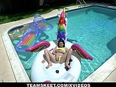 Tiny Riley Jean craves a substantial thrill over her toy by the pool