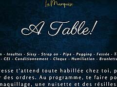 French audio femdom milking table session with sissy cei on desk