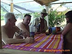 Dixies trailer park pool bar slut gets banged in gangbang with squirting cum and pierced nipples action outdoors! 💦🍆 Who's joining the fun at the bar?