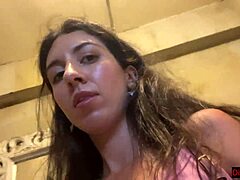 Cute brunette teen flashes small tits and gets cum on face after pov blowjob in public restaurant toilet