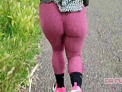 Ebony With Big Ass In Leggings Running Alone In Forest