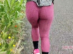 Ebony With Big Ass In Leggings Running Alone In Forest
