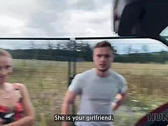 oh man, i can't believe i'm watchin' my girlfriend get roughed up by this stranger outdoors, it's like the best cure instead of eatin' fruits or somethin'.