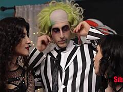 three teen stepsisters in halloween uniforms and skirts cast a spell with their small natural tits and narrow asses in group fun