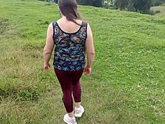 Amateur stepmom flaunts huge tits ass and vagina in forest with stepson groping her naked body outdoors