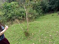 Amateur stepmom flaunts huge tits ass and vagina in forest with stepson groping her naked body outdoors