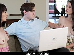 the laptop service guy casually fixed the milfs' laptops for free after they let him freeuse them in a hot threesome