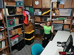 Teen shoplifter amateur gets caught by security guard on hidden cam in shop. She gives blowjob and takes doggystyle bent over reality fucking.