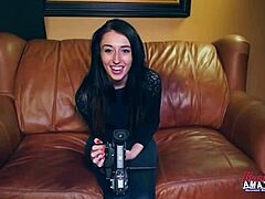 Petite hot Olyssia and kinky cutie Ryann lick their shaved twats and share a cock in domination play