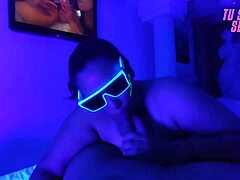 Deepthroat blowjob from submissive stepdaughter in neon room