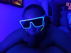 Deepthroat blowjob from submissive stepdaughter in neon room