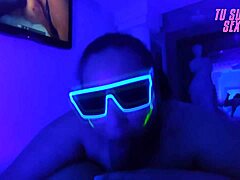 Deepthroat blowjob from submissive stepdaughter in neon room