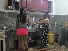 housewives feel so aroused prepping lunch for bosses, touching each other with sensual groping and passion