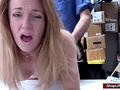 Hey, shoplifter Kate, suck this monster cock in POV. Blonde babe gives hardcore blowjob to LP in shop reality sex.