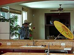 Redhead ginger girl with bushy pussy and perfect saggy tits seduces older guy next door for rough doggystyle fuck.