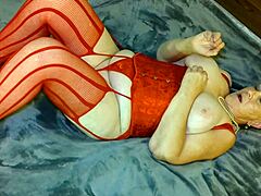 Hey Granny Carmen's lady in red just rode that black dildo hard to cum in pov style